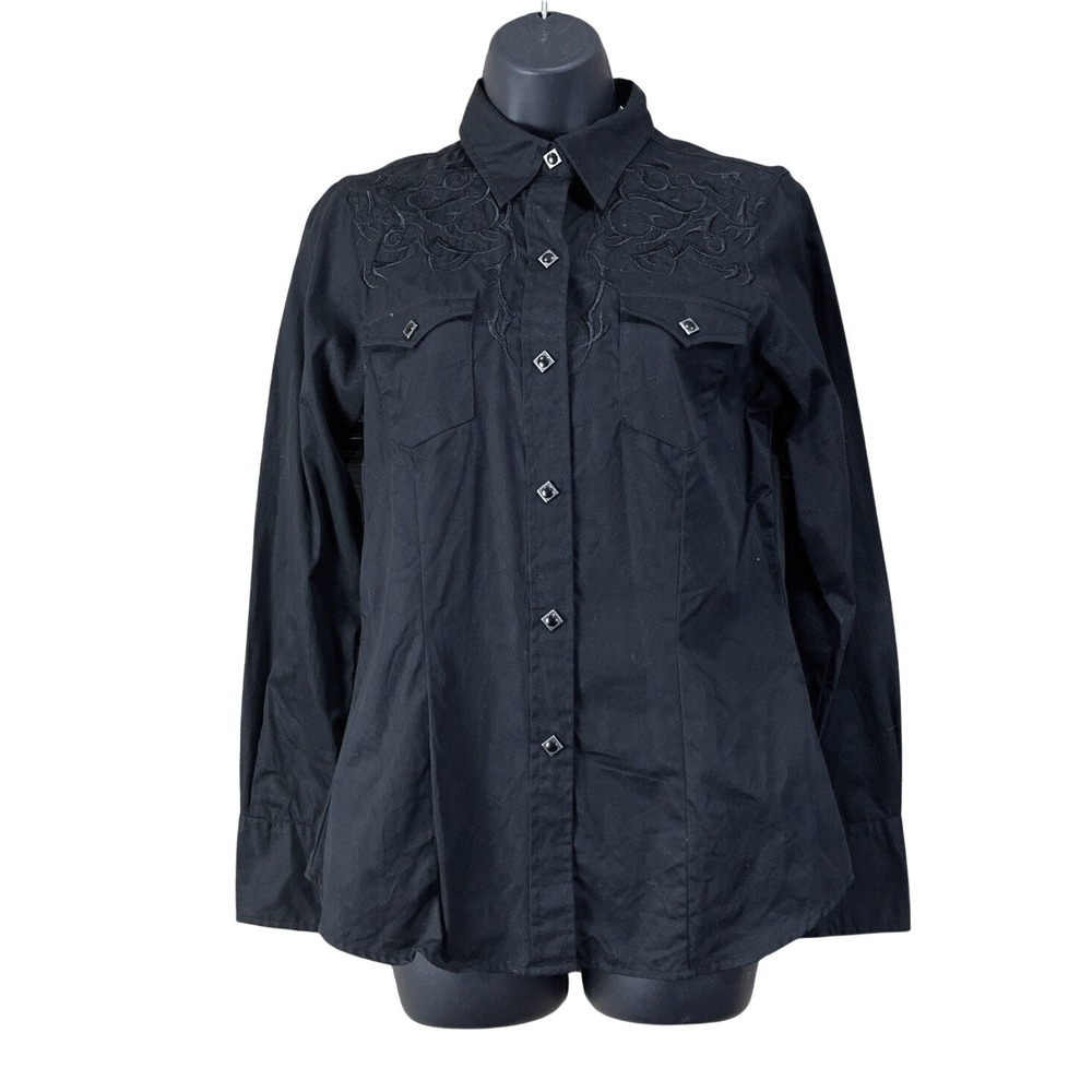 Roper Western Shirt Women M Black‎ Embroidered Diamond Snap Long Sleeve Gothic
